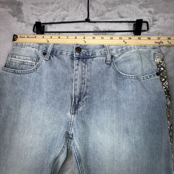 Sun Stone Jeans Womens 32 Light Blue Straight Leg Brown Patch Design Side Panel - Picture 7 of 14